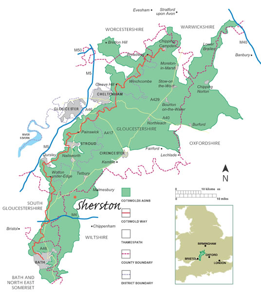 Cotswolds Map showing Sherston